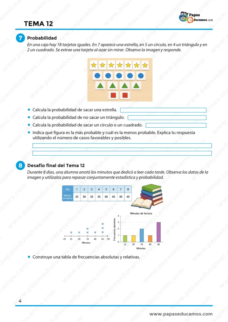 ejercicios_matematicas_tema_12_6_primaria_04 Actividades de probabilidad y desafío final con datos de minutos de lectura y gráficos.