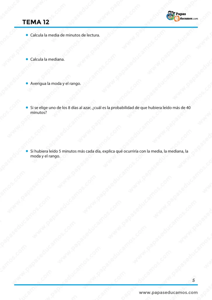 ejercicios_matematicas_tema_12_6_primaria_05 Preguntas finales para calcular media, mediana, moda, rango y probabilidad a partir de datos de lectura.