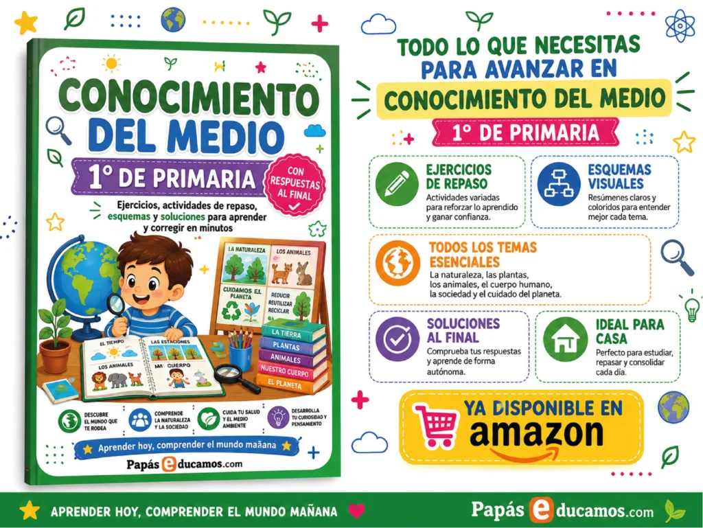Cartel promocional del libro Conocimiento del Medio 1.º de Primaria de Papás Educamos, con ejercicios de repaso, esquemas visuales, soluciones al final y contenidos sobre naturaleza, animales, cuerpo humano, sociedad y cuidado del planeta, disponible en Amazon.