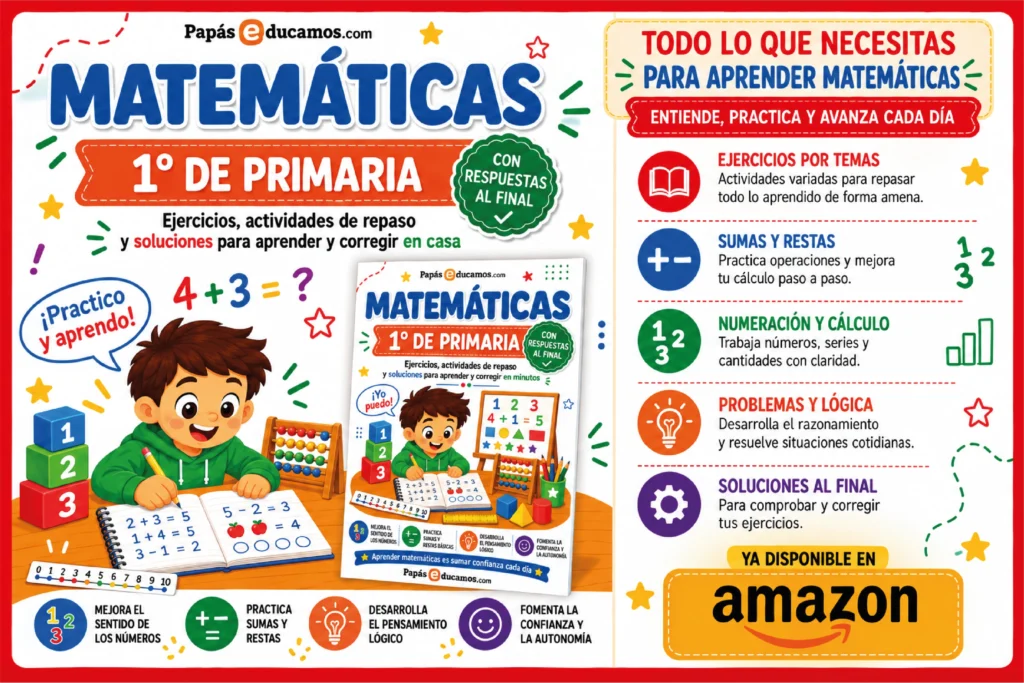 artel promocional del libro Matemáticas 1.º de Primaria de Papás Educamos, con ejercicios de repaso, sumas y restas, numeración y cálculo, problemas y lógica y soluciones al final, disponible en Amazon.