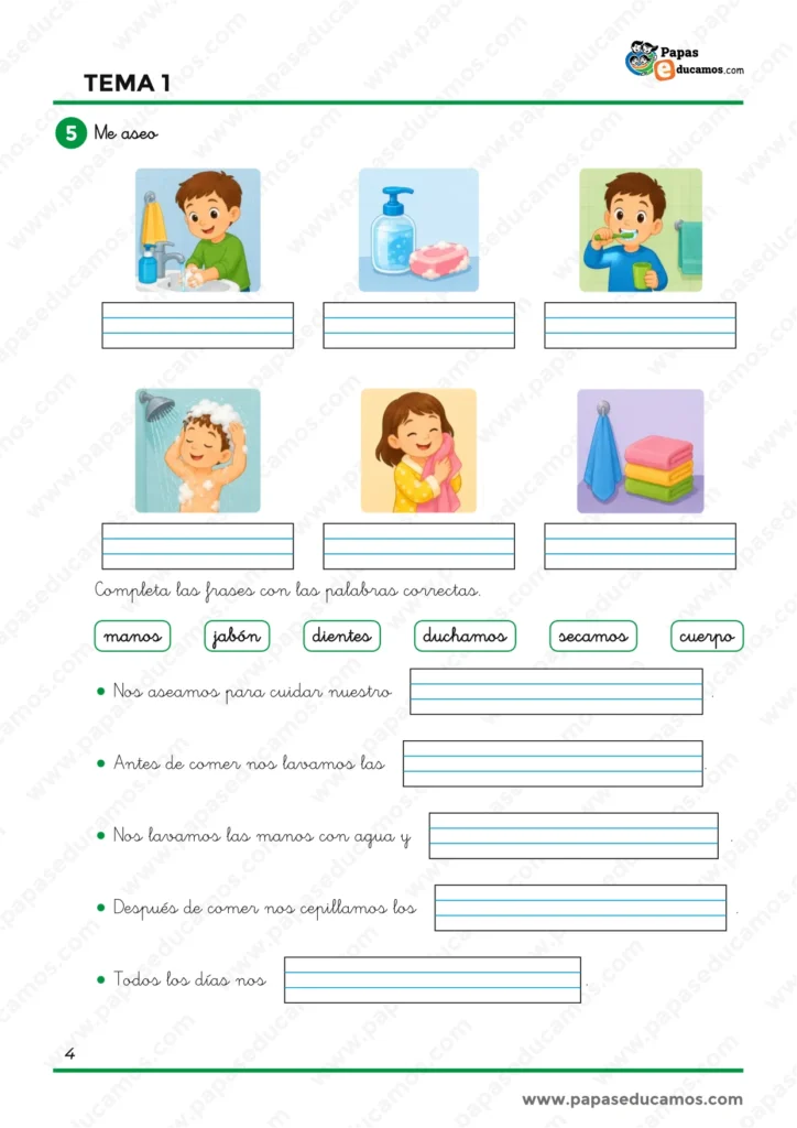 Ejercicios de Conocimiento del Medio de 1.º de Primaria sobre hábitos de higiene personal como lavarse las manos, usar jabón, ducharse, secarse y cepillarse los dientes.