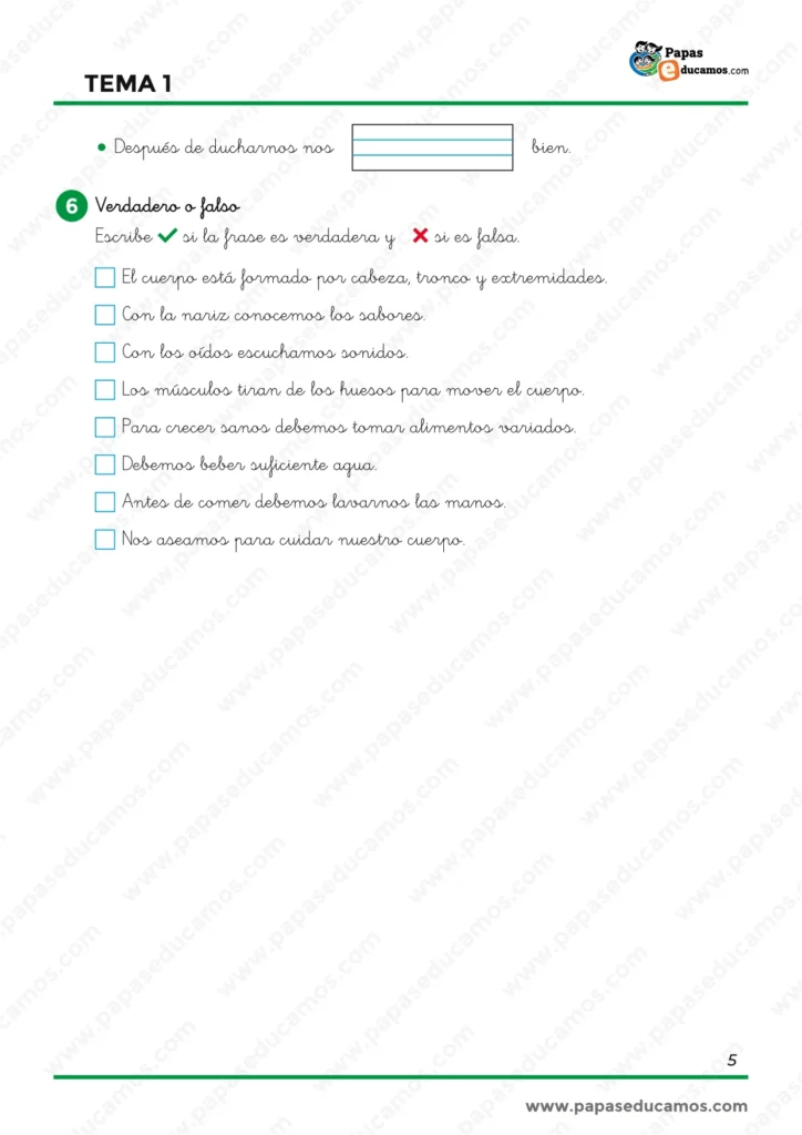 Actividad de repaso de Conocimiento del Medio de 1.º de Primaria con afirmaciones de verdadero o falso sobre el cuerpo, los sentidos, el movimiento, la alimentación y la higiene.