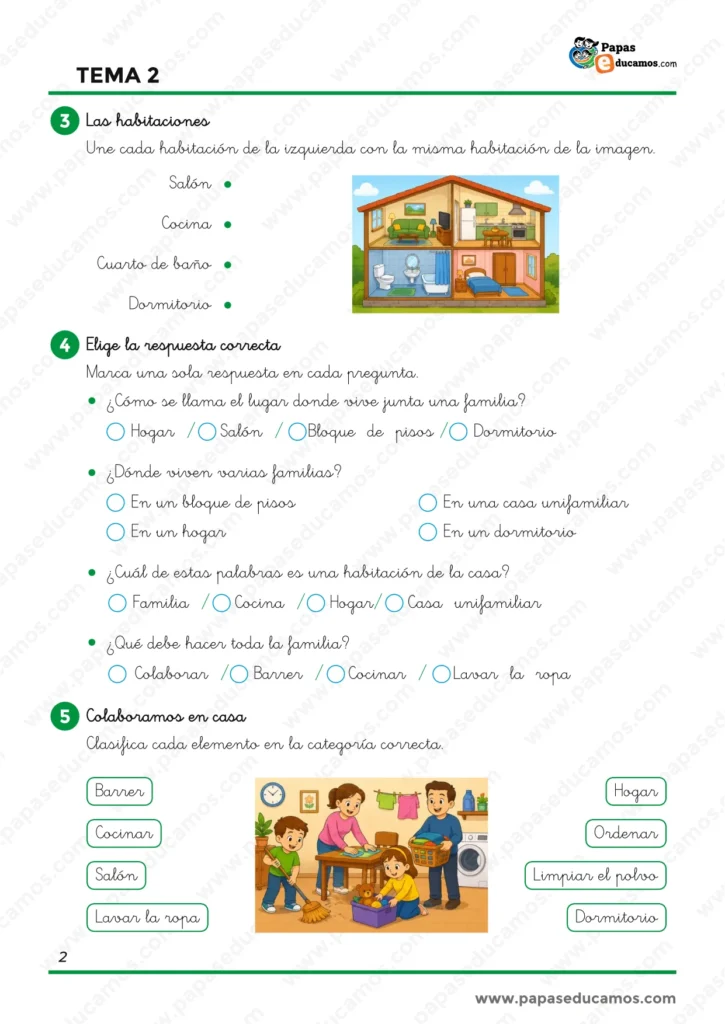 Ejercicios de Conocimiento del Medio de 1.º de Primaria sobre las habitaciones de la casa y la colaboración en tareas domésticas como barrer, cocinar, ordenar y lavar la ropa.