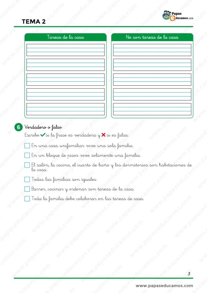 Ejercicios de Conocimiento del Medio de 1.º de Primaria para clasificar tareas de la casa y repasar el tema con afirmaciones de verdadero o falso.