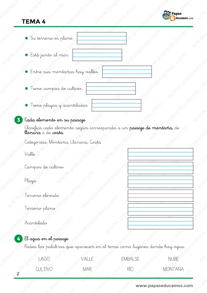 Ejercicios de Conocimiento del Medio de 1.º de Primaria para clasificar elementos de paisajes de montaña, llanura y costa e identificar lugares donde hay agua.