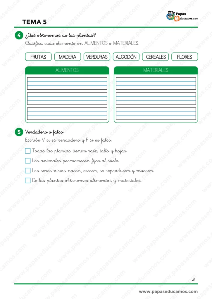 Ejercicios de Conocimiento del Medio de 1.º de Primaria para clasificar alimentos y materiales obtenidos de las plantas y repasar el tema con verdadero o falso.