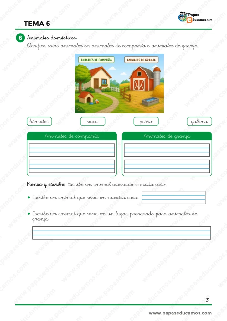Ejercicios de Conocimiento del Medio de 1.º de Primaria para clasificar animales domésticos en animales de compañía y animales de granja.