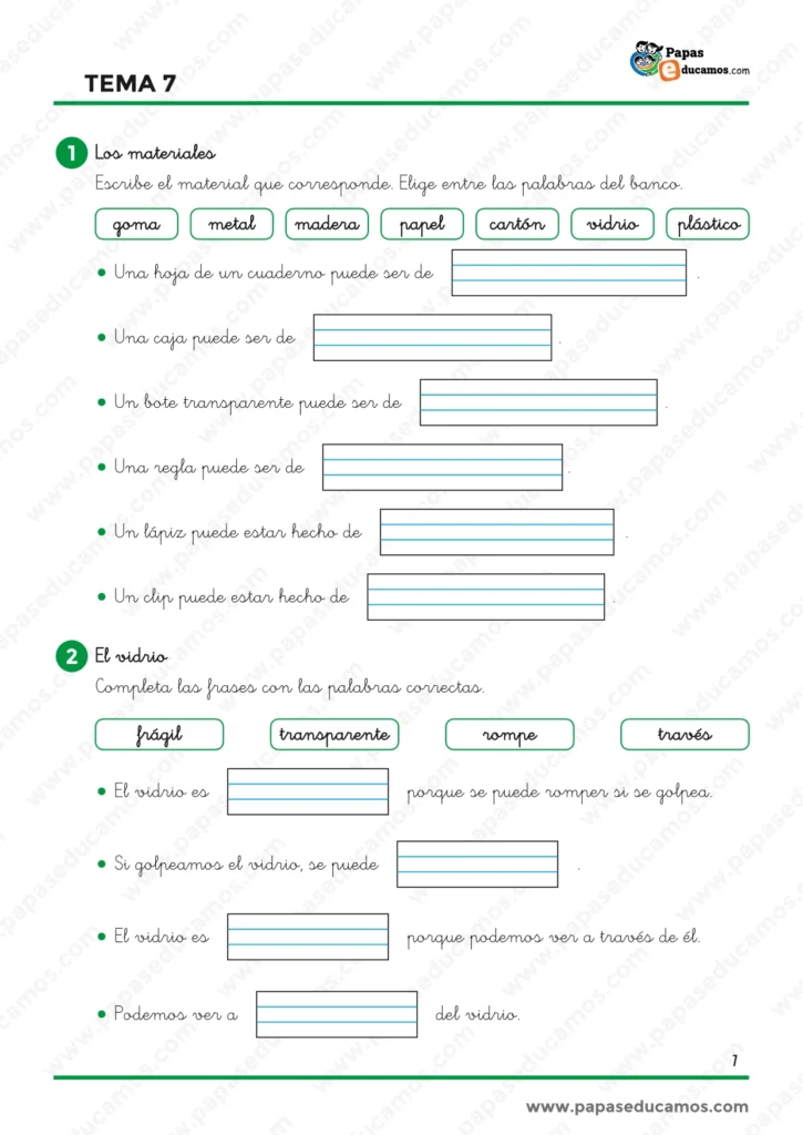 Ejercicios de Conocimiento del Medio Tema 7 de 1.º de Primaria sobre materiales cotidianos y propiedades del vidrio.