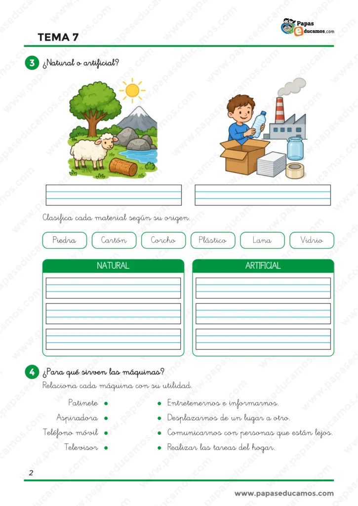 Ejercicios de Conocimiento del Medio de 1.º de Primaria para diferenciar materiales naturales y artificiales y relacionar máquinas con su utilidad.