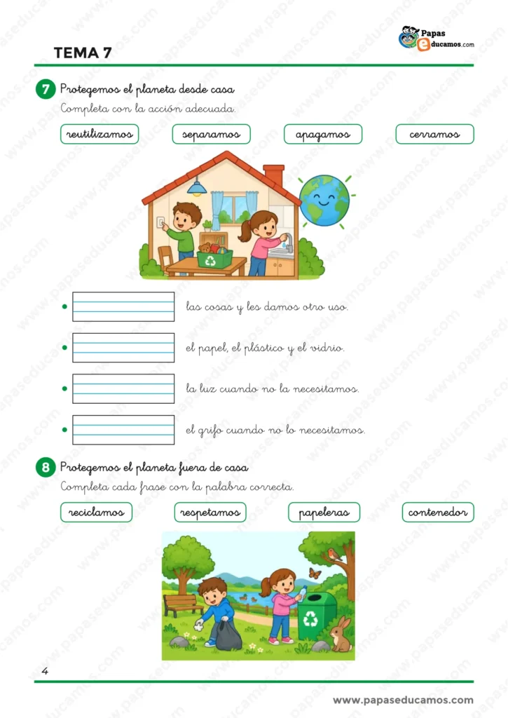 Ejercicios de Conocimiento del Medio de 1.º de Primaria sobre hábitos para proteger el planeta en casa y fuera de ella.