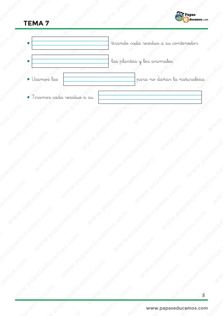 Ejercicios de Conocimiento del Medio de 1.º de Primaria sobre reciclaje, respeto a plantas y animales y uso correcto de papeleras y contenedores.