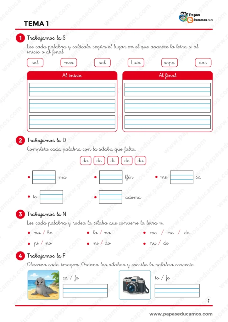 ejercicios_lengua_tema_01_1_primaria_01 Ejercicios de Lengua Tema 1 de 1.º de Primaria para trabajar las letras S, D, N y F mediante clasificación de palabras, sílabas, formación de palabras e imágenes.