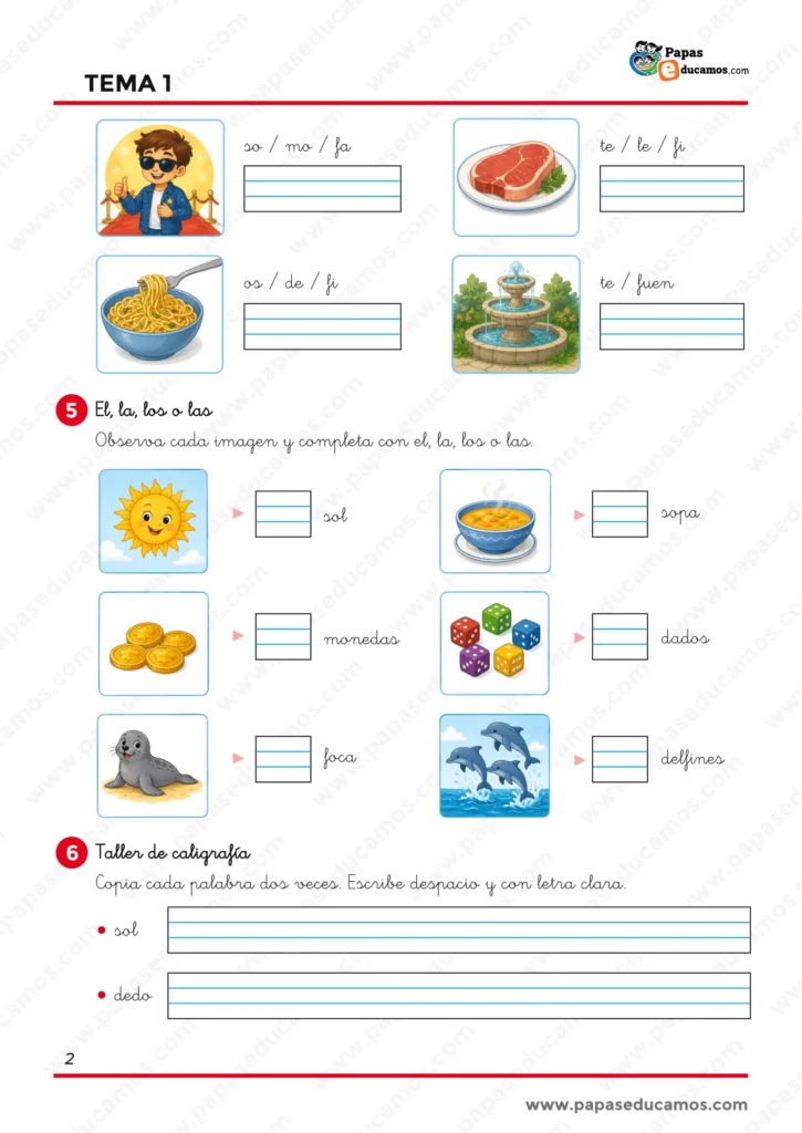 ejercicios_lengua_tema_01_1_primaria_02 Ejercicios de Lengua de 1.º de Primaria para formar palabras con sílabas, practicar los artículos el, la, los y las y realizar actividades de caligrafía.