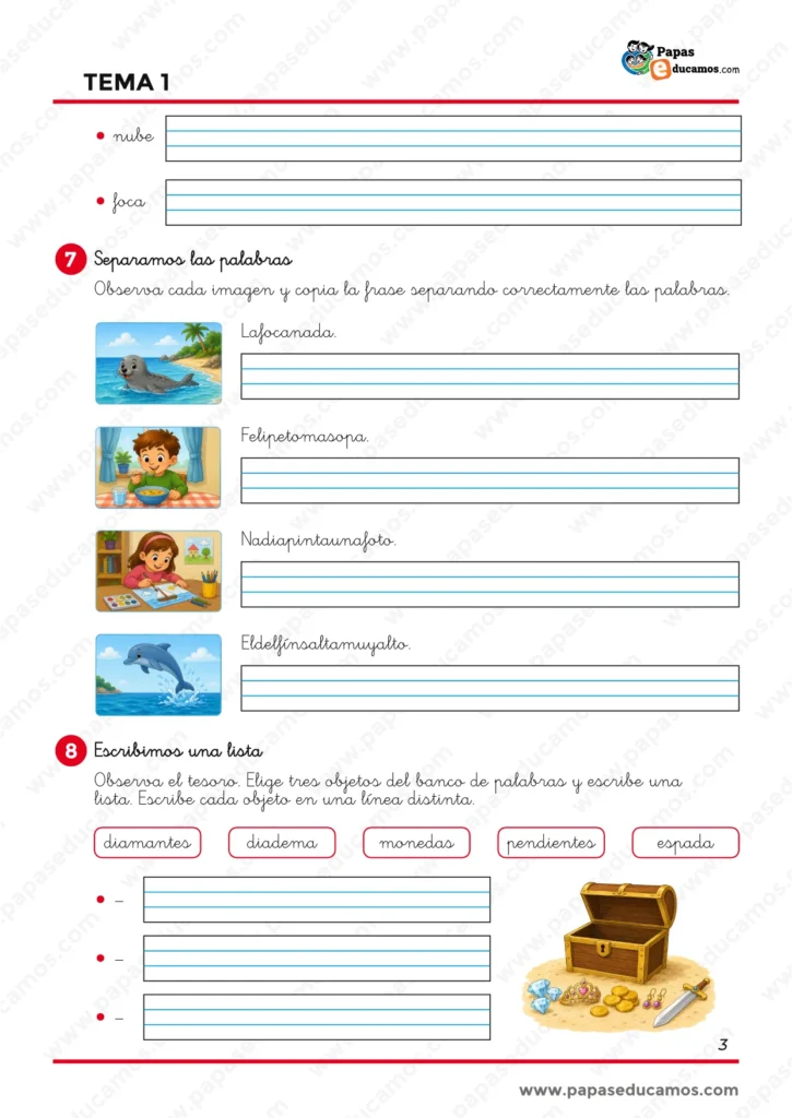 ejercicios_lengua_tema_01_1_primaria_03 Ejercicios de Lengua de 1.º de Primaria sobre caligrafía, separación correcta de palabras en frases y escritura de una lista a partir de la imagen de un tesoro.