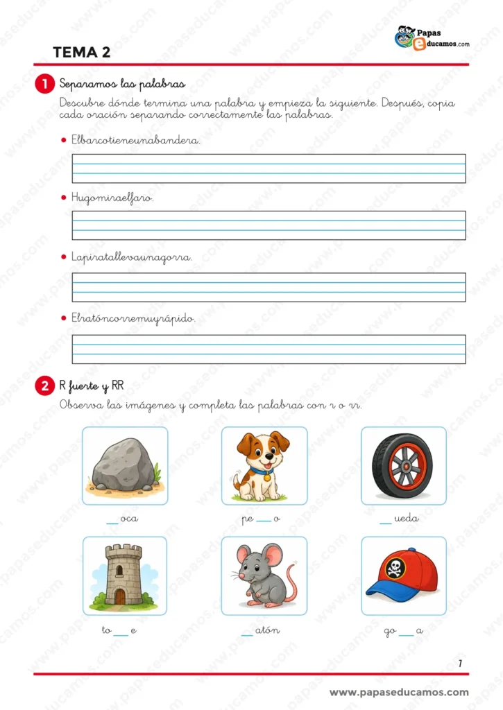 ejercicios_lengua_tema_02_1_primaria_01 Ejercicios de Lengua Tema 2 de 1.º de Primaria para separar palabras en oraciones y completar palabras con R o RR utilizando imágenes como apoyo.