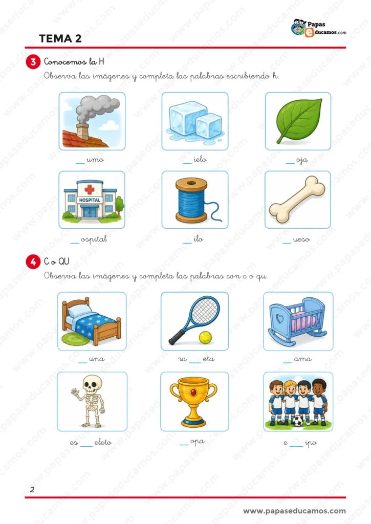 ejercicios_lengua_tema_02_1_primaria_02 Ejercicios de Lengua de 1.º de Primaria para trabajar la letra H y diferenciar el uso de C y QU mediante palabras e imágenes.
