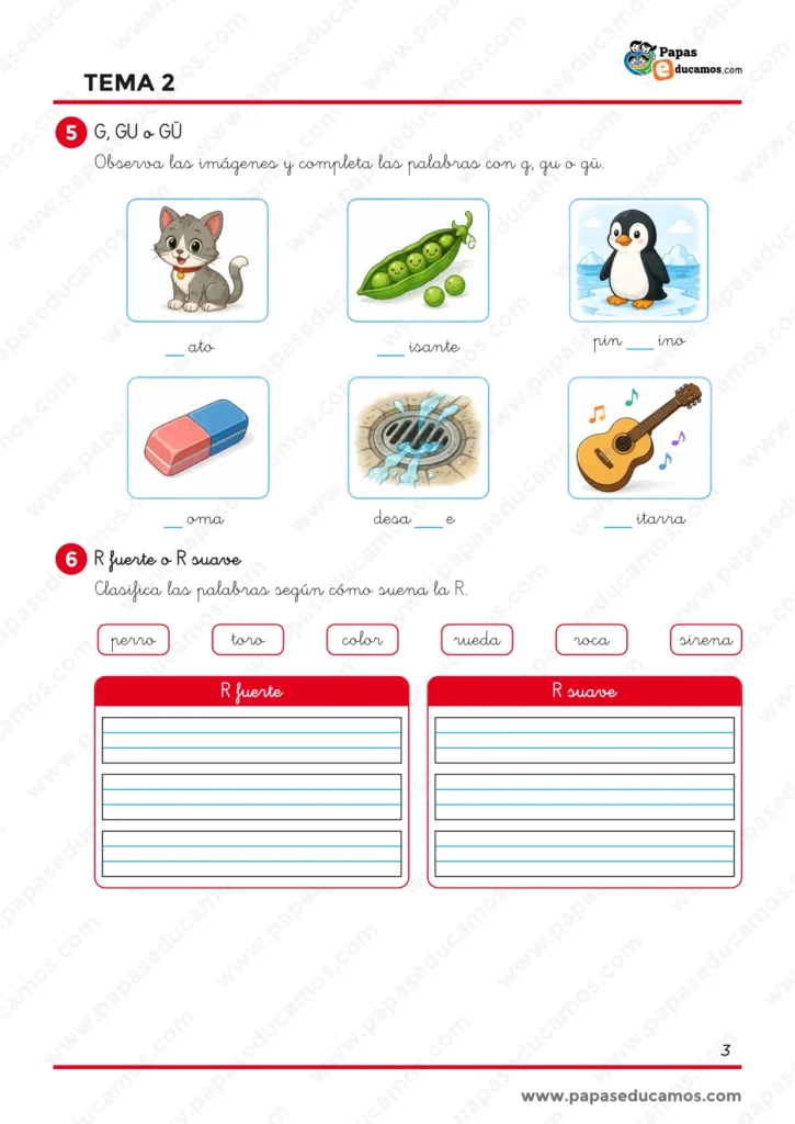 ejercicios_lengua_tema_02_1_primaria_03 Ejercicios de Lengua de 1.º de Primaria para completar palabras con G, GU o GÜ y clasificar palabras según tengan R fuerte o R suave.
