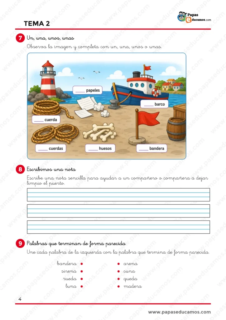 ejercicios_lengua_tema_02_1_primaria_04 Ejercicios de Lengua de 1.º de Primaria sobre un, una, unos y unas, escritura de una nota sencilla y relación de palabras con terminaciones parecidas.