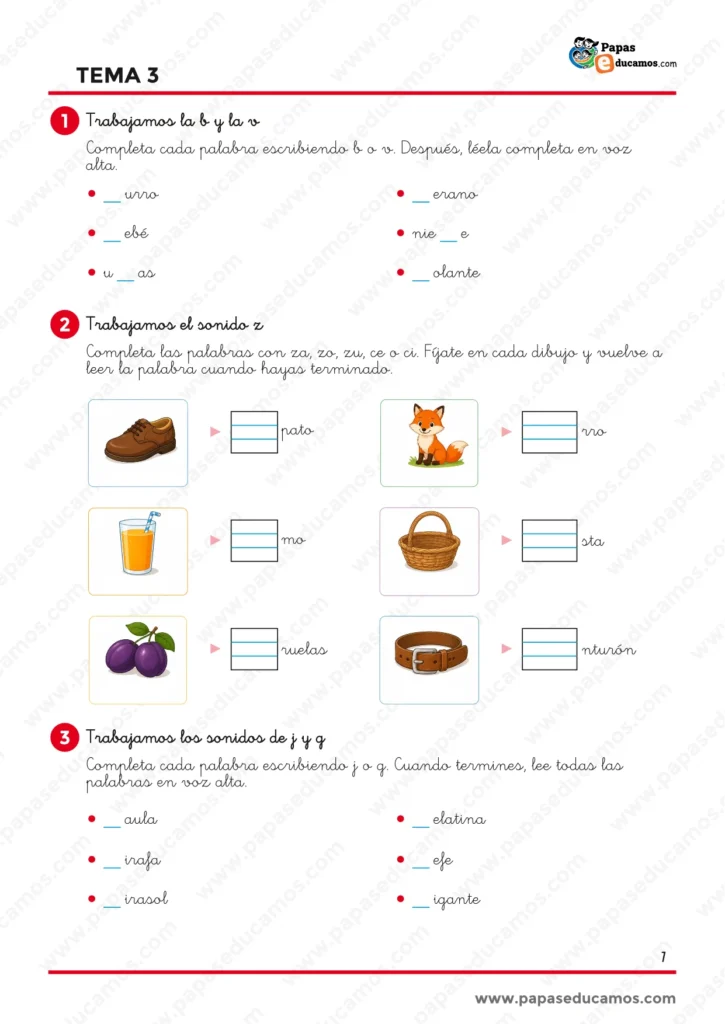 ejercicios_lengua_tema_03_1_primaria_01 Ejercicios de Lengua Tema 3 de 1.º de Primaria para completar palabras con B o V, practicar el sonido Z con za, zo, zu, ce y ci y trabajar diferentes sonidos con Y y G.