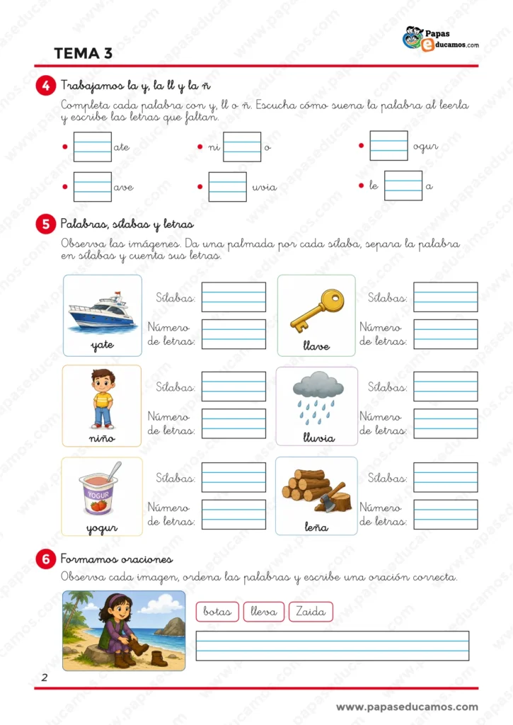 ejercicios_lengua_tema_03_1_primaria_02 Ejercicios de Lengua de 1.º de Primaria para completar palabras con Y, LL y Ñ, separar palabras en sílabas, contar sus letras y ordenar palabras para formar oraciones.