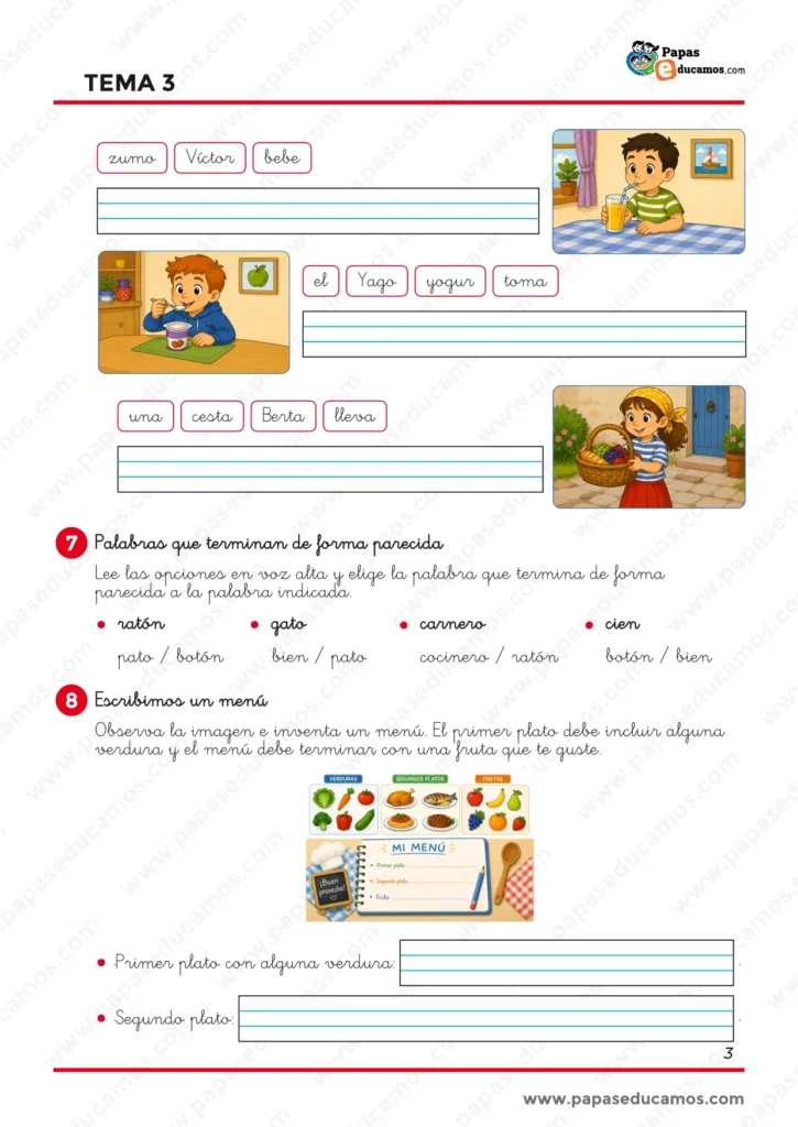 ejercicios_lengua_tema_03_1_primaria_03 Ejercicios de Lengua de 1.º de Primaria para formar oraciones, reconocer palabras con terminaciones parecidas y practicar la expresión escrita mediante la creación de un menú.