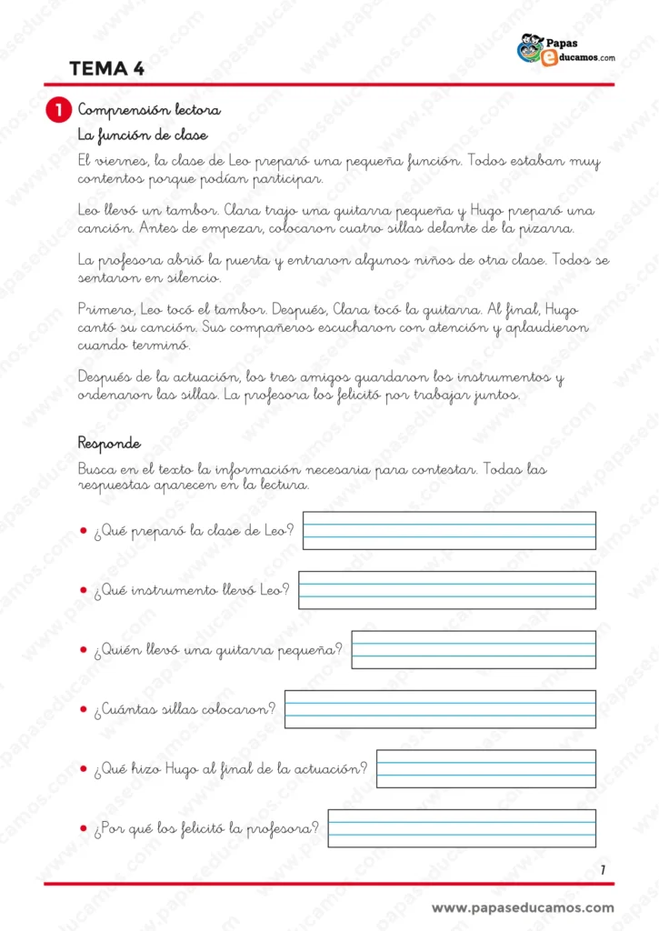 ejercicios_lengua_tema_04_1_primaria_01 Comprensión lectora de Lengua Tema 4 de 1.º de Primaria sobre una función de clase, con preguntas para localizar información en el texto.