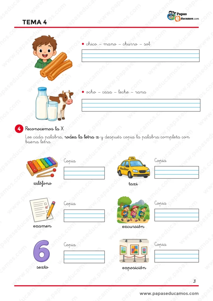 ejercicios_lengua_tema_04_1_primaria_03 Ejercicios de Lengua de 1.º de Primaria para trabajar palabras con CH y reconocer, rodear y copiar palabras con la letra X.