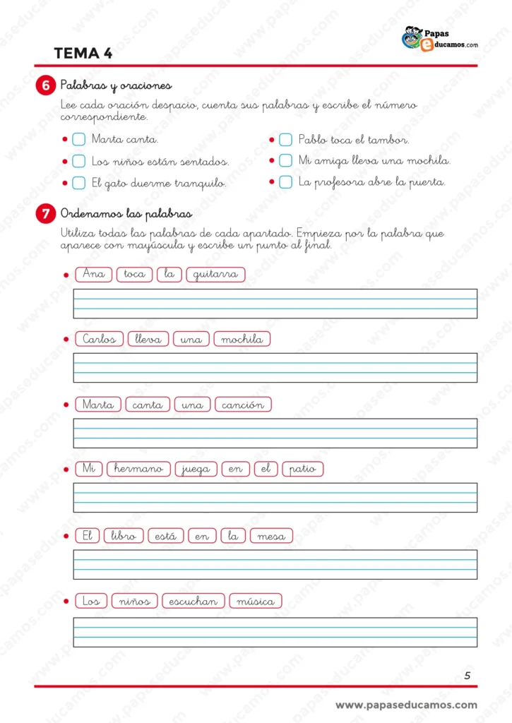 ejercicios_lengua_tema_04_1_primaria_05 Ejercicios de Lengua de 1.º de Primaria para contar palabras dentro de oraciones y ordenar palabras para formar frases con sentido.