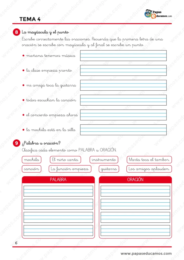 ejercicios_lengua_tema_04_1_primaria_06 Ejercicios de Lengua de 1.º de Primaria sobre uso de mayúscula y punto y clasificación de ejemplos como palabra u oración.