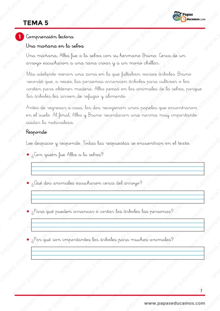 ejercicios_lengua_tema_05_1_primaria_01 Comprensión lectora de Lengua Tema 5 de 1.º de Primaria sobre una visita a la selva, los animales y la importancia de cuidar los árboles y la naturaleza.