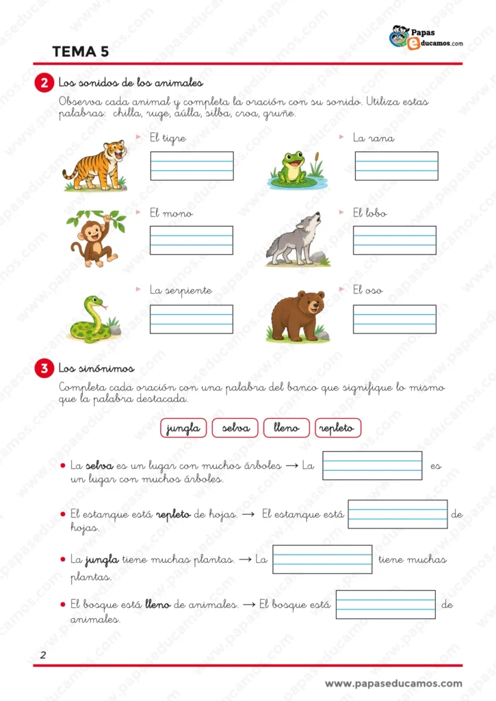 ejercicios_lengua_tema_05_1_primaria_02 Ejercicios de Lengua de 1.º de Primaria para relacionar animales con sus sonidos y trabajar sinónimos mediante oraciones sencillas.