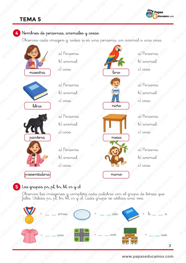 ejercicios_lengua_tema_05_1_primaria_03 Ejercicios de Lengua de 1.º de Primaria para clasificar nombres de personas, animales y cosas y completar palabras con los grupos pr, pl, br, bl, cr y cl.