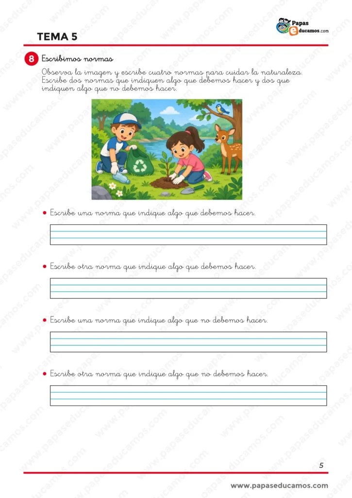 ejercicios_lengua_tema_05_1_primaria_05 Ejercicio de expresión escrita de Lengua de 1.º de Primaria para redactar normas sobre lo que debemos y no debemos hacer para cuidar la naturaleza.