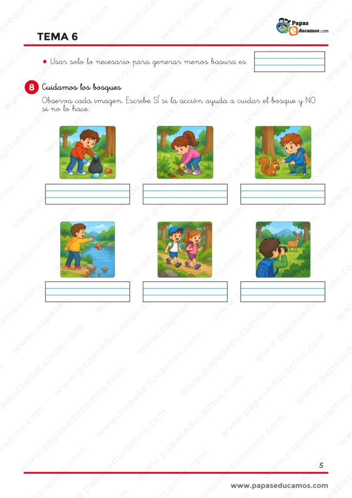 ejercicios_lengua_tema_06_1_primaria_05 Actividad de Lengua de 1.º de Primaria para identificar acciones que ayudan o perjudican al cuidado de los bosques y la naturaleza.