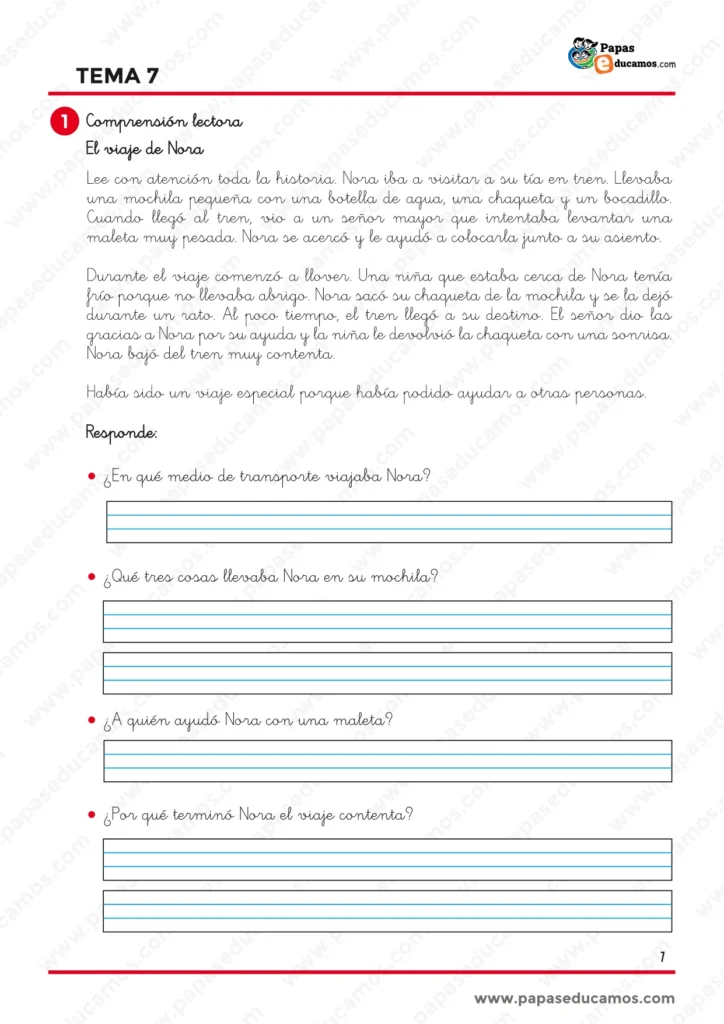 ejercicios_lengua_tema_07_1_primaria_01 Comprensión lectora de Lengua Tema 7 de 1.º de Primaria sobre el viaje de Nora en tren y cómo ayuda a otras personas durante el trayecto.