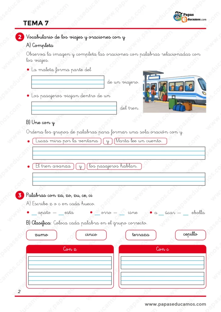 ejercicios_lengua_tema_07_1_primaria_02 Ejercicios de Lengua de 1.º de Primaria sobre vocabulario relacionado con los viajes, unión de oraciones con y y palabras con za, zo, zu, ce y ci.