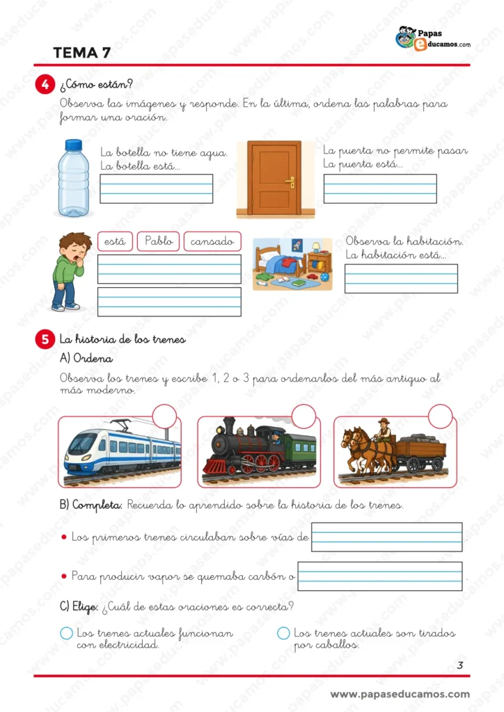 ejercicios_lengua_tema_07_1_primaria_03 Ejercicios de Lengua de 1.º de Primaria para describir estados y cualidades y conocer de forma sencilla la evolución histórica de los trenes.