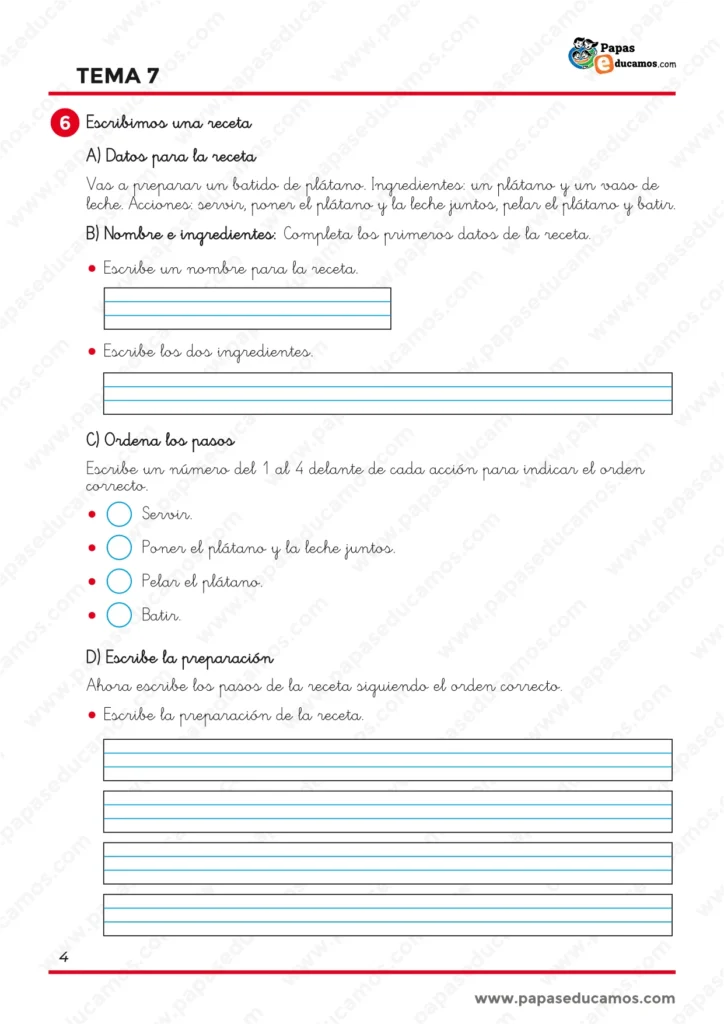 ejercicios_lengua_tema_07_1_primaria_04 Actividad de expresión escrita de Lengua de 1.º de Primaria para ordenar los pasos y escribir una receta sencilla de batido de plátano.