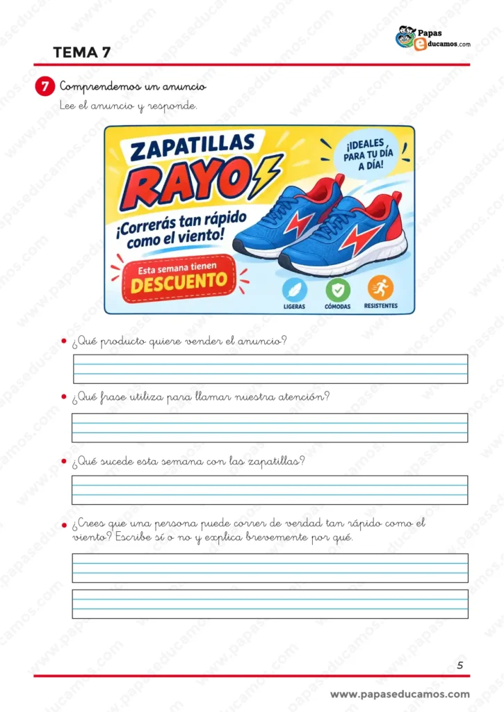 ejercicios_lengua_tema_07_1_primaria_05 Actividad de comprensión de un anuncio publicitario de Lengua de 1.º de Primaria, con preguntas sobre el producto, el mensaje y la información que aparece en él.