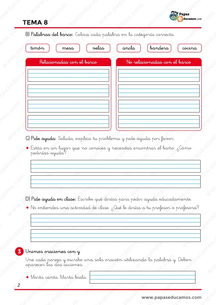 ejercicios_lengua_tema_08_1_primaria_02 Ejercicios de Lengua de 1.º de Primaria sobre vocabulario relacionado con el barco, formas de pedir ayuda y unión de oraciones mediante la palabra y.
