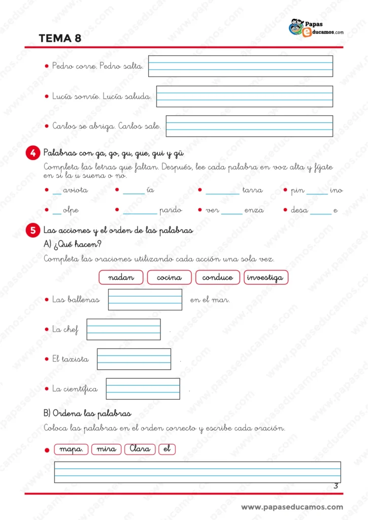 ejercicios_lengua_tema_08_1_primaria_03 Ejercicios de Lengua de 1.º de Primaria para completar palabras con ga, go, gu, gue, gui y gü, identificar acciones y ordenar palabras para formar oraciones.