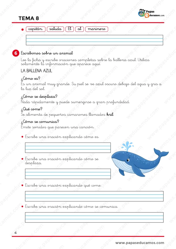 ejercicios_lengua_tema_08_1_primaria_04 Actividad de expresión escrita de Lengua de 1.º de Primaria para redactar oraciones sobre la ballena azul a partir de una ficha informativa.