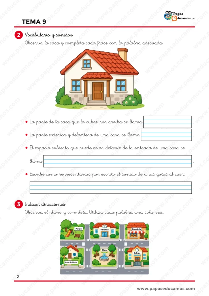 ejercicios_lengua_tema_09_1_primaria_02 Ejercicios de Lengua de 1.º de Primaria sobre vocabulario de las partes de una casa, representación de sonidos e introducción a la orientación mediante un plano.