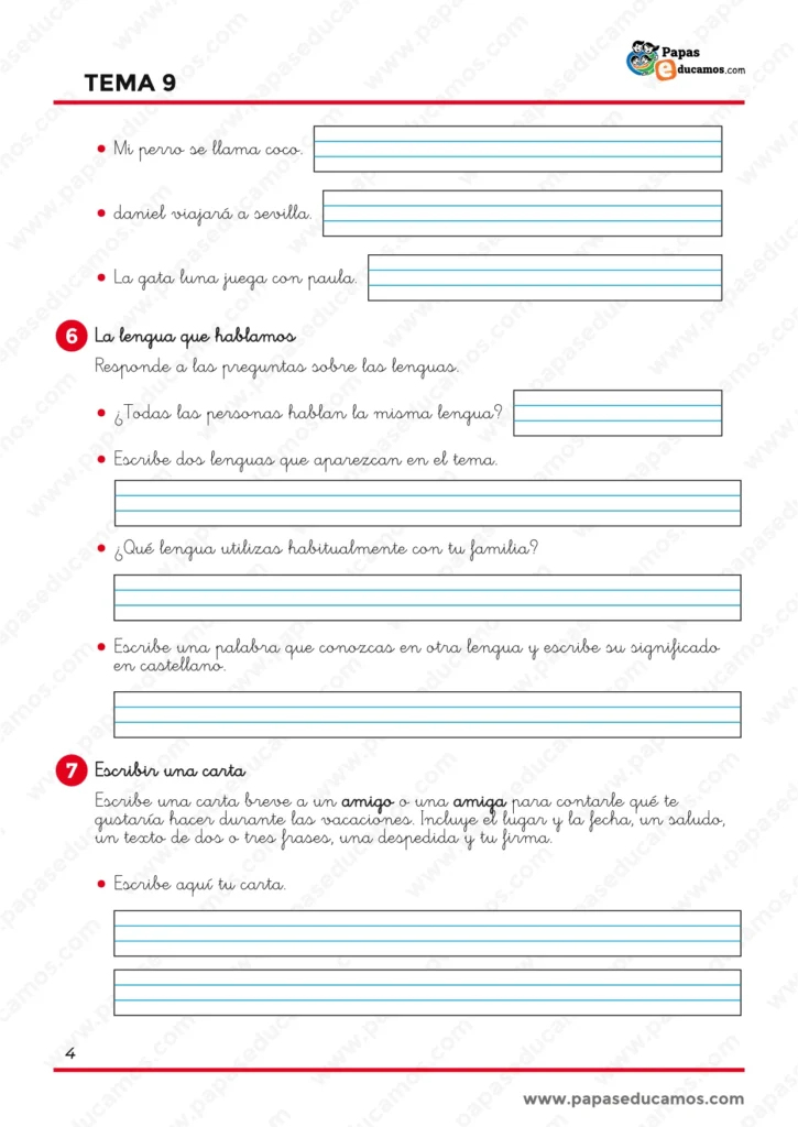 ejercicios_lengua_tema_09_1_primaria_04 Ejercicios de Lengua de 1.º de Primaria sobre uso de mayúsculas, diversidad de lenguas y escritura de una carta breve a un amigo o amiga.