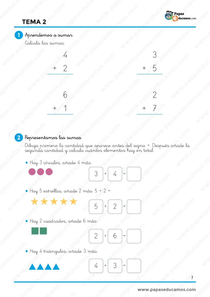 Ejercicios de Matemáticas Tema 2 de 1.º de Primaria para aprender a sumar y representar sumas mediante círculos, estrellas, cuadrados y triángulos.