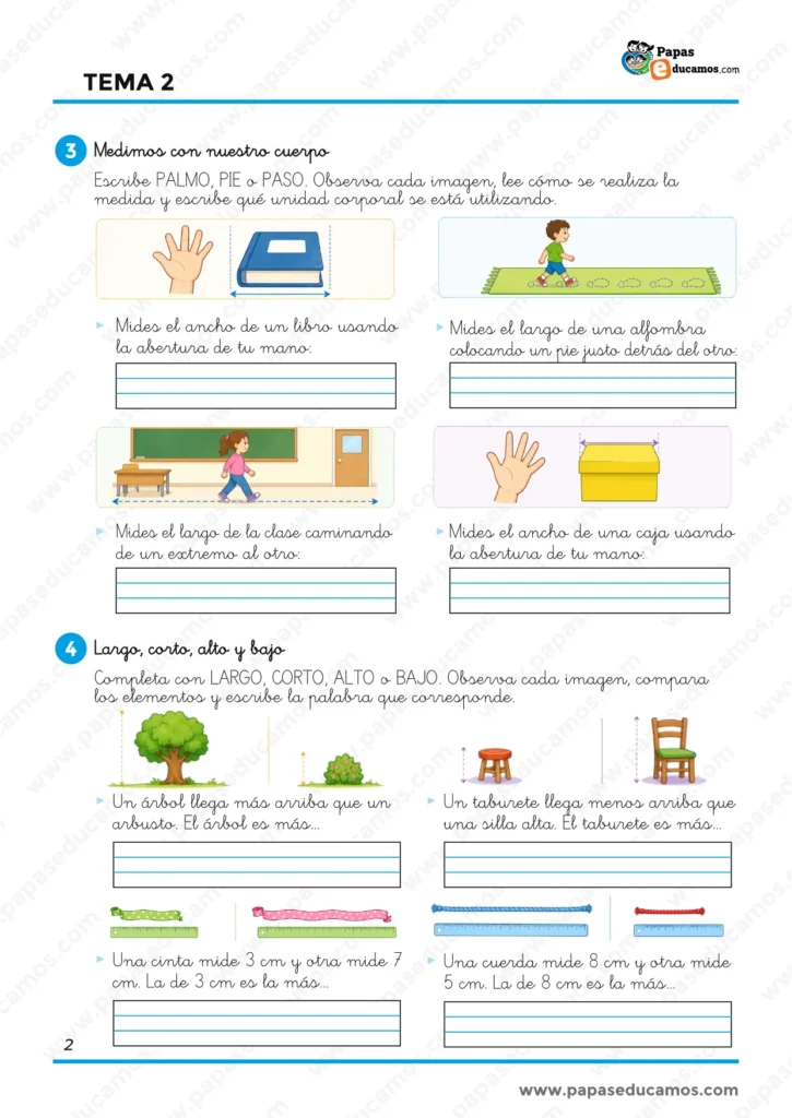 Ejercicios de Matemáticas de 1.º de Primaria sobre medidas con palmos, pies y pasos y comparación de objetos utilizando largo, corto, alto y bajo.