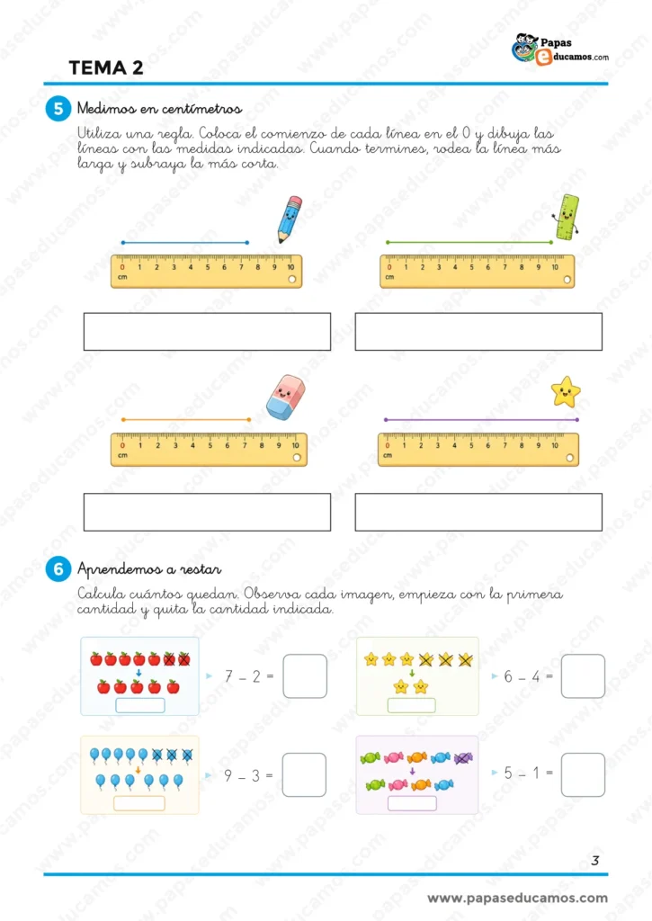Ejercicios de Matemáticas de 1.º de Primaria para medir en centímetros con una regla y comenzar a resolver restas mediante dibujos y cantidades.