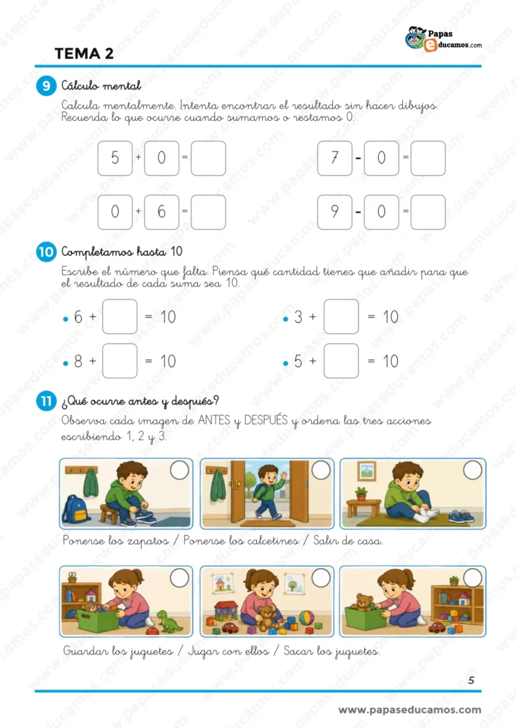 Ejercicios de Matemáticas de 1.º de Primaria de cálculo mental, completar sumas hasta 10 y ordenar acciones según ocurren antes o después.