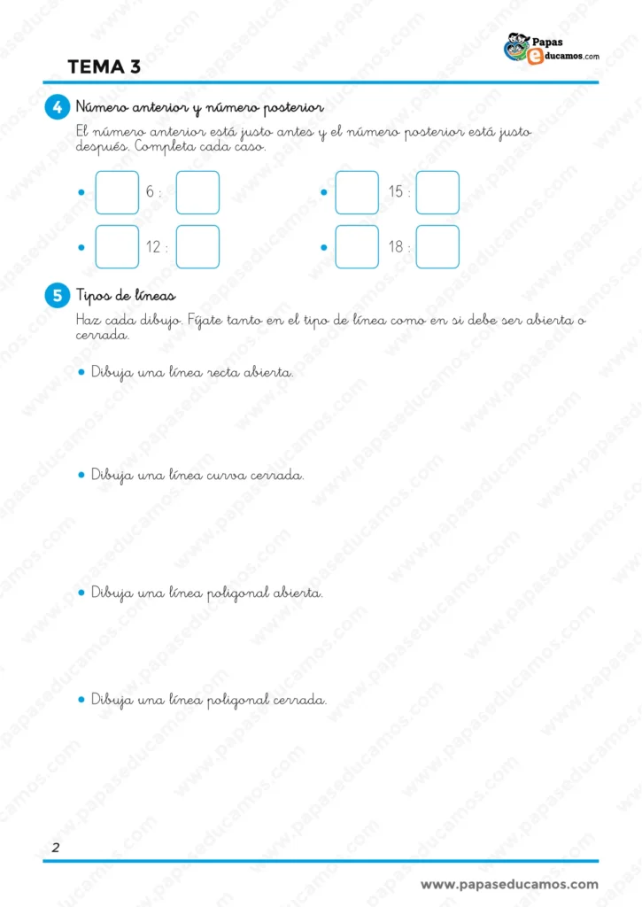 Ejercicios de Matemáticas de 1.º de Primaria para identificar el número anterior y posterior y dibujar líneas rectas, curvas y poligonales abiertas y cerradas.