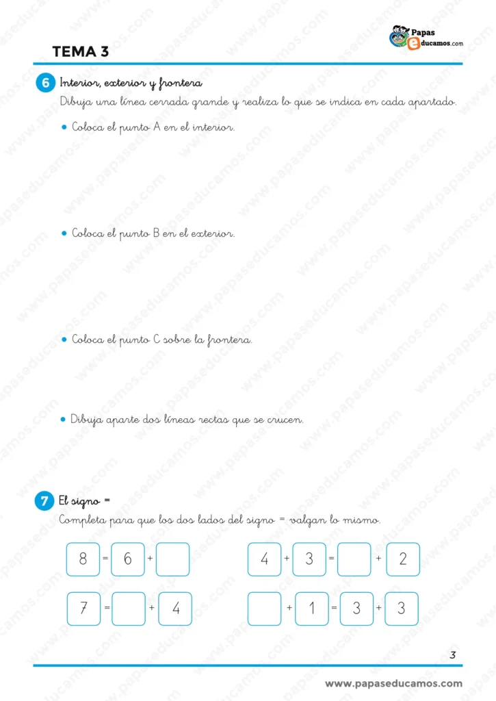 Ejercicios de Matemáticas de 1.º de Primaria sobre interior, exterior y frontera y actividades para comprender y completar igualdades.